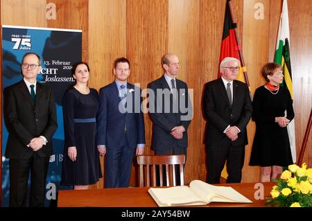 Dresden, Deutschland. Februar 2020. Sebastian Wood, Annett Hofmann, Michael Kretschmer, Prinz Edward, 2. Herzog von Kent, Frank-Walter Steinmeier und Elke Budenbender bei einem Empfang am 75. Jahrestag der Zerstörung von Dresden im neuen Rathaus. Dresden, 13. Februar 2020 - weltweite Nutzung Credit: Dpa / Alamy Live News Stockfoto