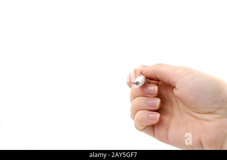 Weibliche hand auf weißem Hintergrund Stockfoto