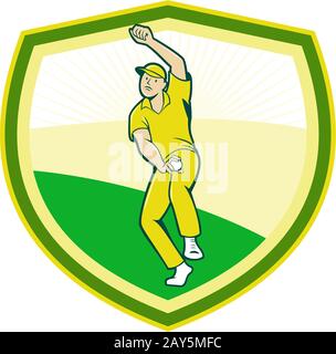 Cricket-Spieler Bowling Crest Cartoon Stockfoto