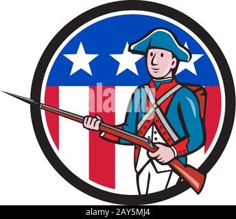 Amerikanischer revolutionärer Soldat USA Flagge Kreis Cartoon Stockfoto