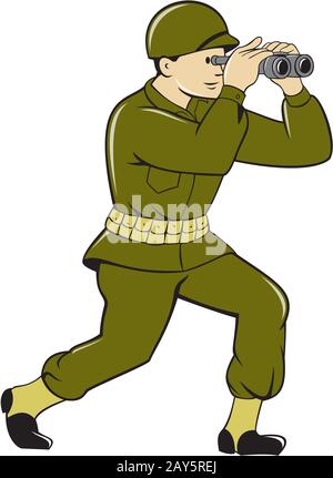 Zweiter Weltkrieg amerikanischer Soldat Fernglas Cartoon Stockfoto