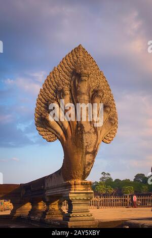 Imposante Statue der Schlange Naga am Eingang des Tempels Angkor Wat in Kambodscha. Stockfoto