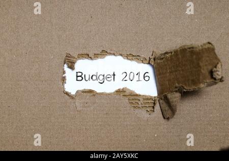 Das Wort budget 2016 erscheint hinter zerrissenes Papier Stockfoto