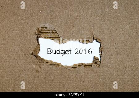 Das Wort budget 2016 erscheint hinter zerrissenes Papier Stockfoto