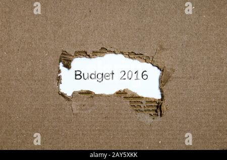 Das Wort budget 2016 erscheint hinter zerrissenes Papier Stockfoto