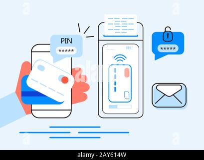 Konzeptvektor für NFC-Terminals. NFC-Zahlungen per Bankkreditkarte. POS-Terminal bestätigt E-Payment mit Smartphone. Kunden machen kontaktlos oder Stock Vektor