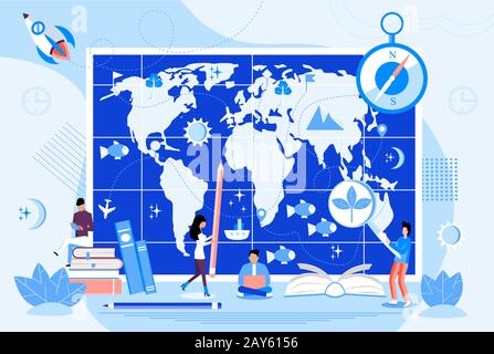 Atlas mit Metriken, Kompass und Ozeanen Konzeptvektor. Winzige Geografen untersuchen die Erde. Abbildung der Geographie- und Topographieforschung. Lehrer vor Stock Vektor