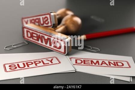 3D-Darstellung von zwei Gummistempeln und Visitenkarten mit den Worten Angebot und Nachfrage über grauem Hintergrund. Stockfoto