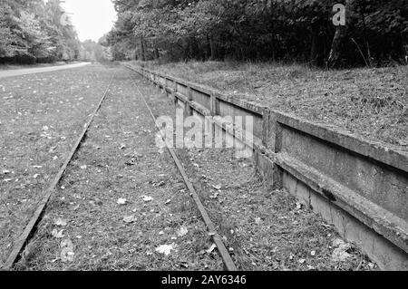 Bahngleise für die ehemaligen Militäranlagen in Peenemünde Deutschland schwarz-weiß Stockfoto