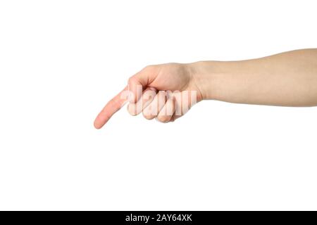 Männliche Hand zeigt nach unten, isoliert auf weißem Hintergrund. Gesten Stockfoto
