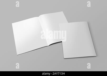 Leeres geöffnetes und geschlossenes 3D-Illustrationsmagazin mit Deckel. Buch, Broschüre, Broschüre, Broschüre, Katalog leeres Mockup auf isoliertem dunklem Hintergrund Stockfoto