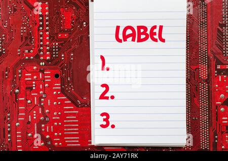 Label text Konzept über Computer Hintergrund Stockfoto