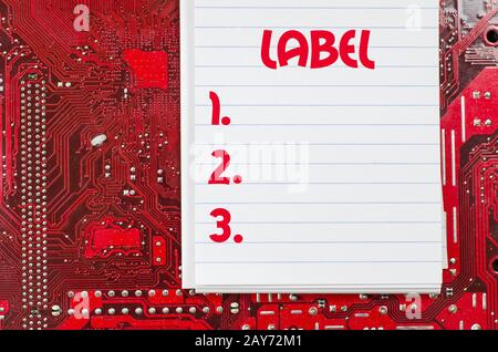 Label text Konzept über Computer Hintergrund Stockfoto