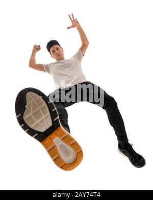 Jungen Rap-Tänzerin in Baseball-Kappe von oben geschossen Stockfoto