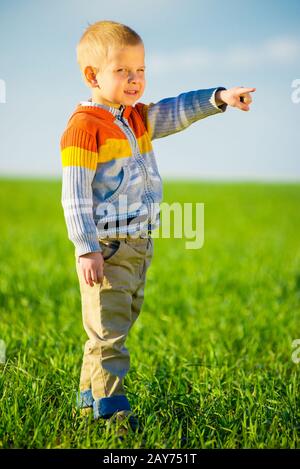 Porträt von glücklich fröhlich schönen kleinen Jungen im Freien auf Land. Weisenden Konzept. Stockfoto