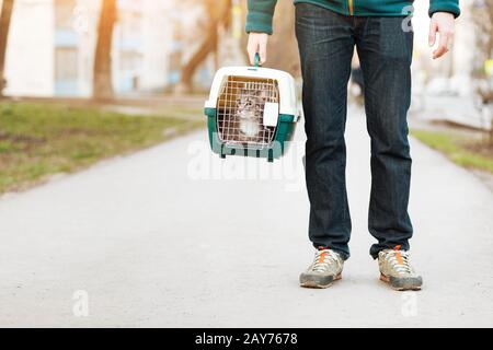 Mann mit Hauskatze in einem Haustierträger, der auf der Straße unterwegs ist Stockfoto