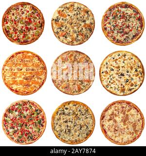 Reihe von verschiedenen Pizzen, isoliert auf weiss Stockfoto