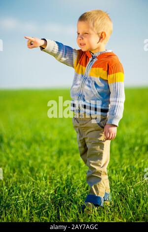 Porträt von glücklich fröhlich schönen kleinen Jungen im Freien auf Land. Weisenden Konzept. Stockfoto