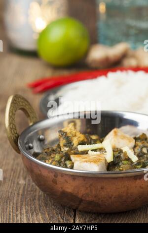 Indische Murgh Palak Gericht mit Reis Stockfoto