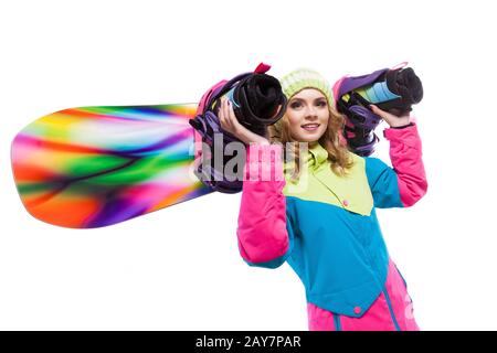 Hübsches Mädchen mit Snowboard auf sholders Stockfoto