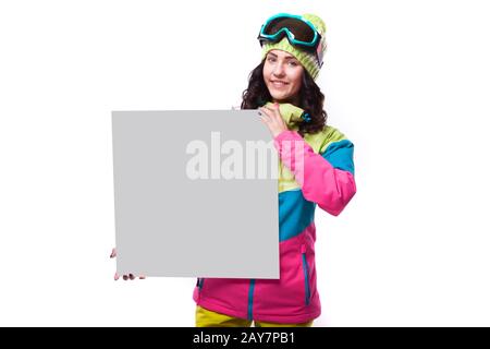 Hübsche, junge Frau, Ski big Papier leer Stockfoto