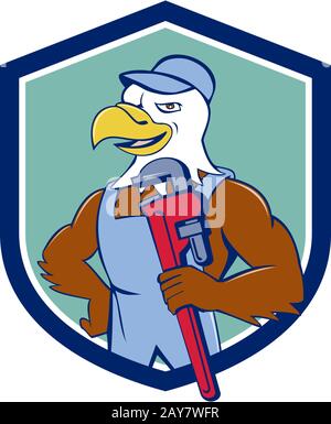 Weißkopf-Seeadler Klempner Schraubenschlüssel Crest Cartoon Stockfoto