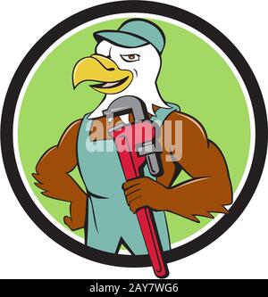 Weißkopf-Seeadler Klempner Schraubenschlüssel Kreis Cartoon Stockfoto