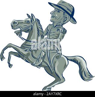 Die amerikanische Kavallerie Offizier Reiten Pferd tänzelt Cartoon Stockfoto