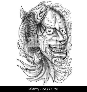 Hannya Mask Koi Fish Cascading Water Tattoo Stockfoto