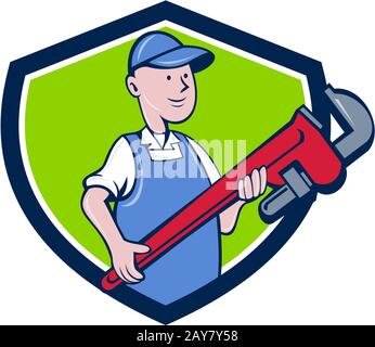 Mechaniker wiegt Rohrzange Crest Cartoon Stockfoto