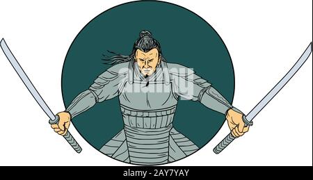 Samurai Krieger mit zwei Schwerter Oval Zeichnung Stockfoto