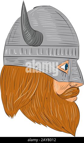 Viking Warrior Kopf Rechte Seitenansicht der Zeichnung Stockfoto