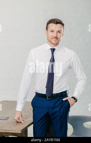 Attraktiver wohlhabender Mann in formeller Kleidung, Posen im Bürogebäude, arbeitet an einem neuen Business-Projekt. Erfolgreicher Mann Manager am Arbeitsplatz. Ent Stockfoto