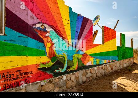 Brisas de Zicatela, Oaxaca, Mexiko - EIN Gemälde einer Iguana an einem verlassenen Gebäude in der Nähe des Pazifikstrands. Stockfoto