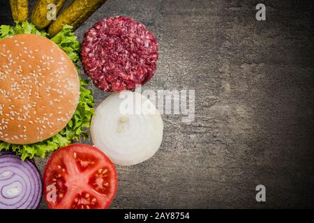 Restaurantmenü, Burger Zutaten und Kopierraum Stockfoto