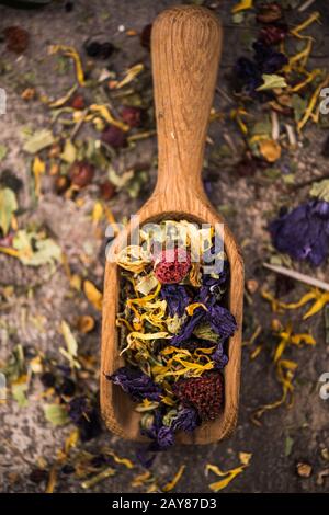 Aromatischer Tee mit getrockneten Blumen und Früchten Stockfoto