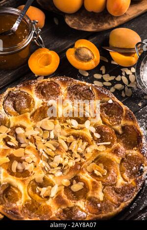 Hausgemachter Aprikosenbart mit Mandeln und frischem Obst Stockfoto