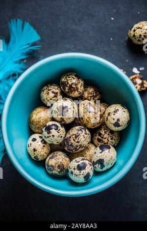 Wachteleier in Pastelltönen Schüssel auf dunklem Hintergrund, Ostern Konzept. Stockfoto