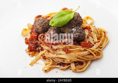Spaghetti mit Tomatensauce und Fleischbällchen Stockfoto