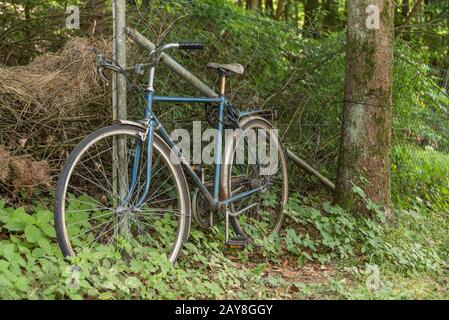 Altes Fahrrad an einem Zaun im Wald verschlossen Stockfoto