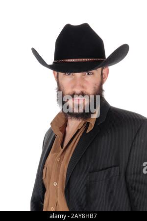 Mann im gestreiften Jacke und Cowboyhut, in einem Porträt Bild Stockfoto