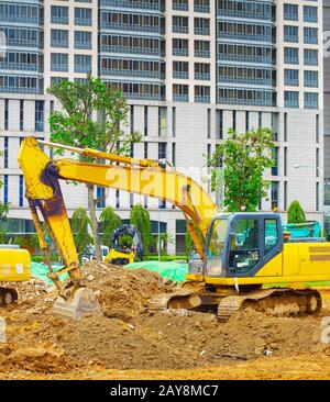 Bagger bulldozer Industrial City, Singapur Stockfoto