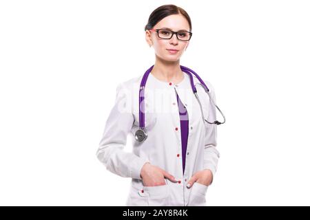 Junge schöne Frau Doktor auf weißem Hintergrund Stockfoto