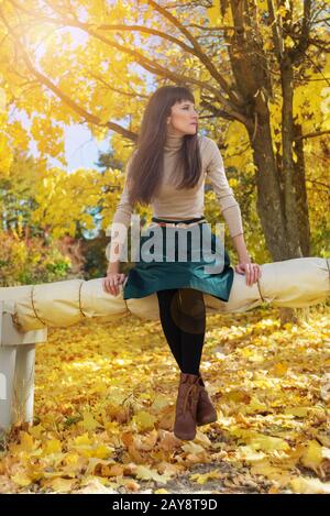 Brünette Mädchen im Herbstpark Stockfoto