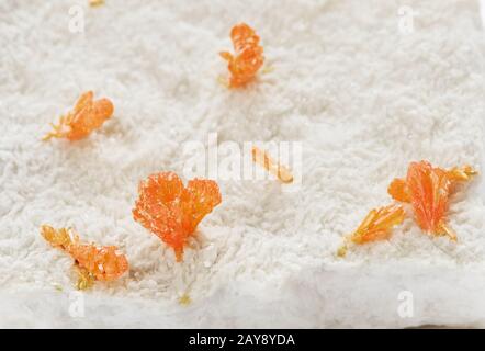 Orangefarbene Kristalle aus orpiment auf dem Hintergrund weißer Baritkristalle. Probenentnahme. Auripig Stockfoto