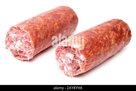 Salamiwurst auf Weiß Stockfoto