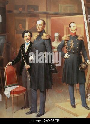 Der russische Kaiser Nikolaus I. Pavlovich und Großfürst Alexander Nikolaevich im Atelier des Künstlers. Gemälde von B. Villevalde, 19. Jahrhundert. Stockfoto