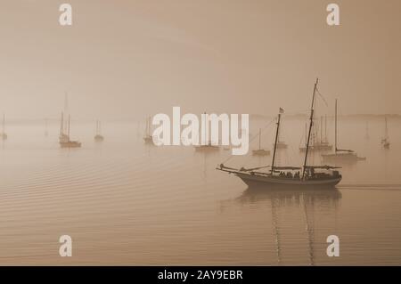 Segelboote im Nebel in St. Augustine Stockfoto