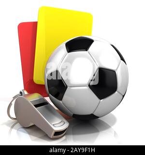 Fußball-Konzept. Strafe (Rot und Gelb) Karte, Metall Pfeifen und Fußball (Fußball) Ball, isoliert 3D Stockfoto