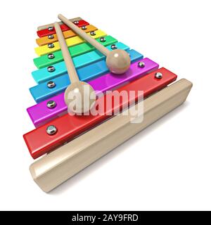 Xylophon mit Rainbow farbige Tasten und mit zwei Holz sticks drum. 3D Stockfoto